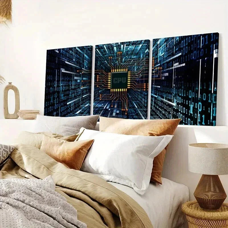 3pcs Technology with Chips CPU Internet Wall Art Set Canvas Framed 40x60cm - High Quality Print 100% Australian Made Wall Canvas Ready to Hang