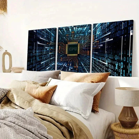 3pcs Technology with Chips CPU Internet Wall Art Set Canvas Framed 40x60cm - High Quality Print 100% Australian Made Wall Canvas Ready to Hang