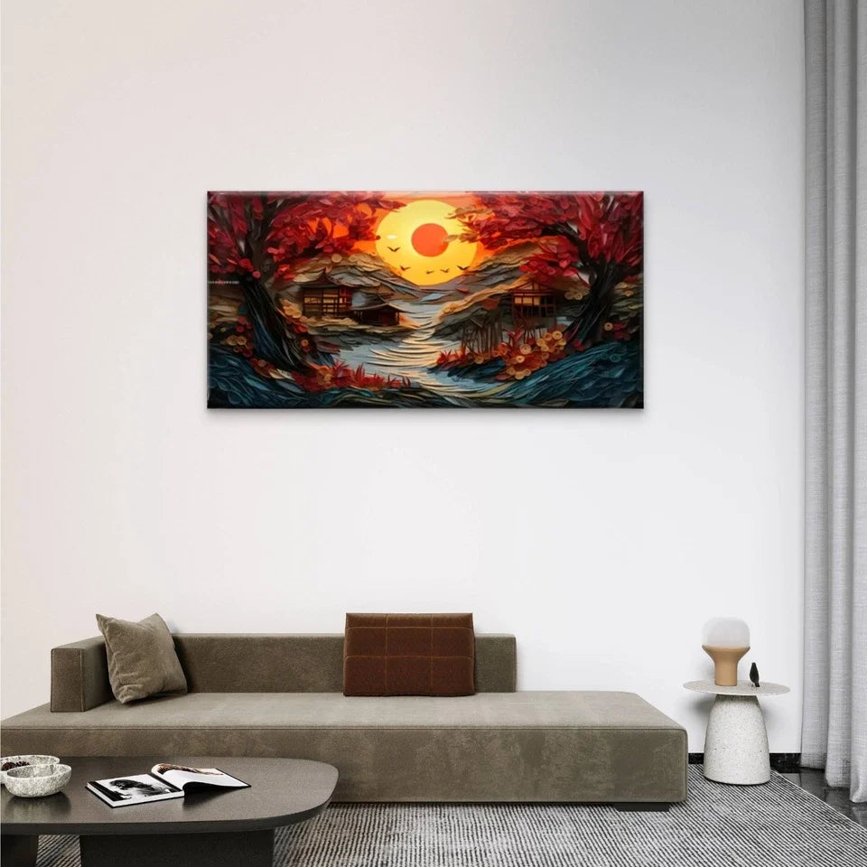 Sunset River Trees Red Perfect Wall Art Canvas Office Home Room Framed 120x60cm