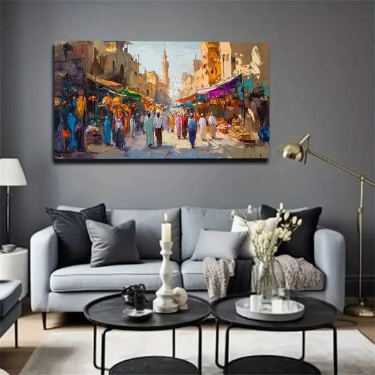 People Walking In The Market Wall Art Canvas Office Home Room Framed 120x60cm