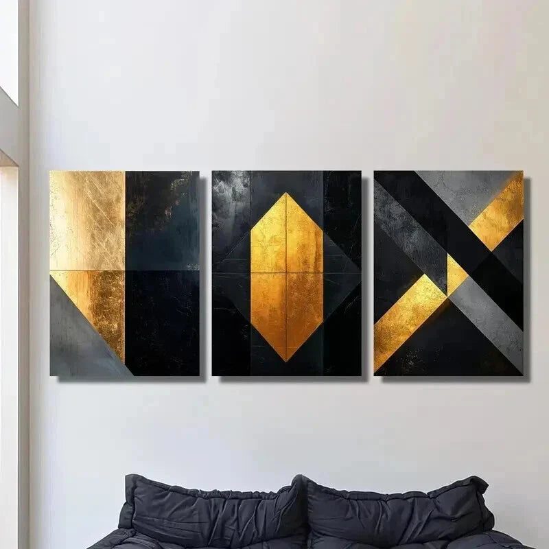 3pcs Golden and Black Geometric Marble Texture Wall Art Set Canvas Framed 40x60cm - High Quality Print 100% Australian Made Wall Canvas Ready to Hang