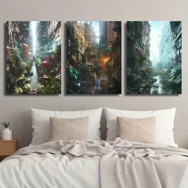 3pcs Lush Greenery Overgrown City & Skyscrapers Wall Art Set Canvas Framed 40x60cm - High Quality Print 100% Australian Made Wall Canvas Ready to Hang