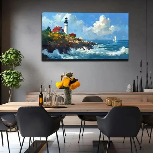 Coastal Lighthouse Scene Wall Art canvas office home room framed 120x60cm