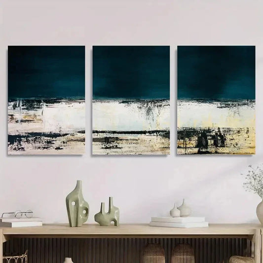3pcs Abstract Landscape Teal and Beige Metal Print Ready to Hang Art