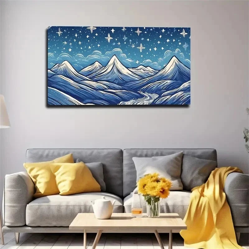 Layered Mountain And Starry Sky Wall Art Canvas Office Home Room Framed 80x45cm