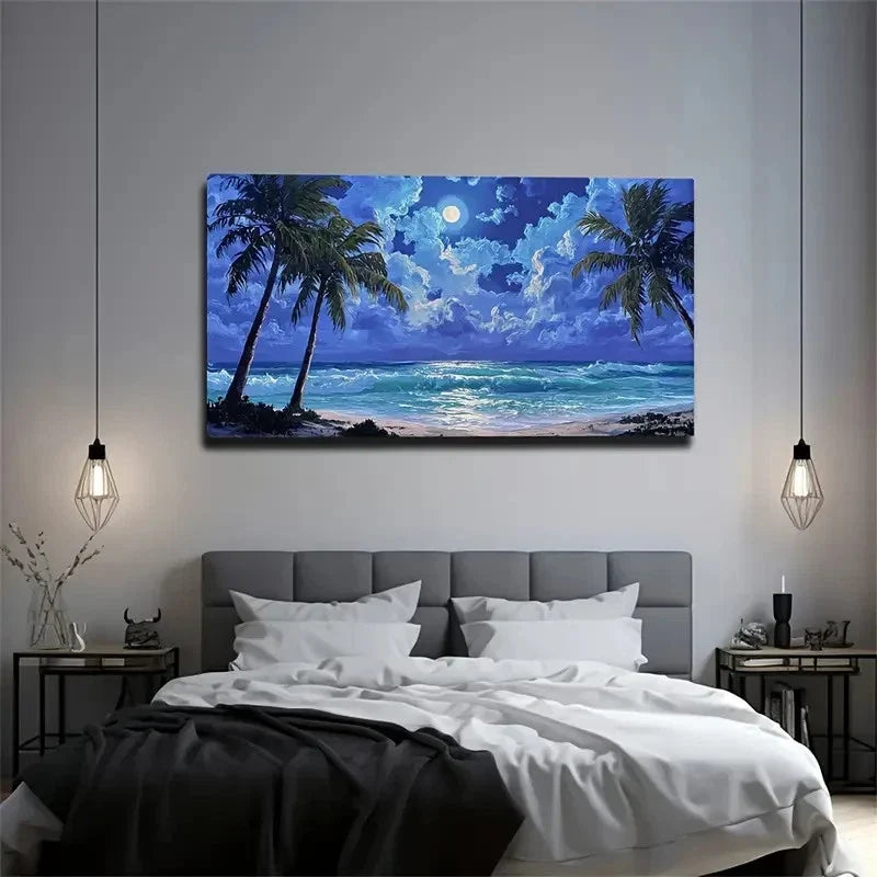 Beach Scene With Palm Trees Wall Art Canvas Office Home Room Framed 120x60cm