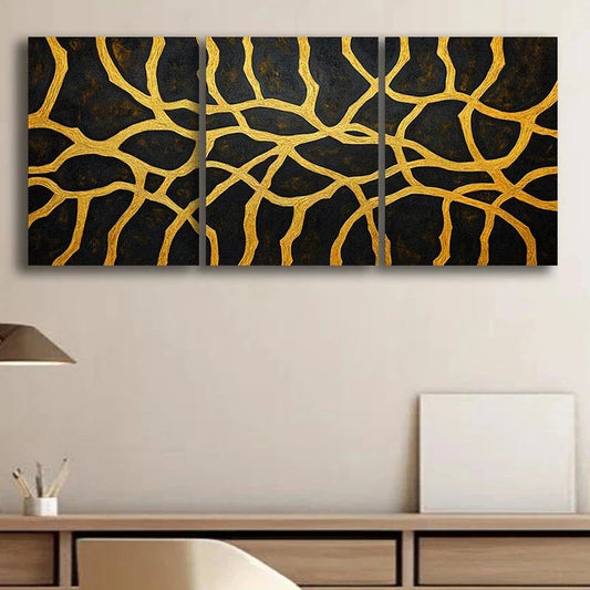 3pcs Abstract Black & Golden Lines Metal Print Ready to Hang Art