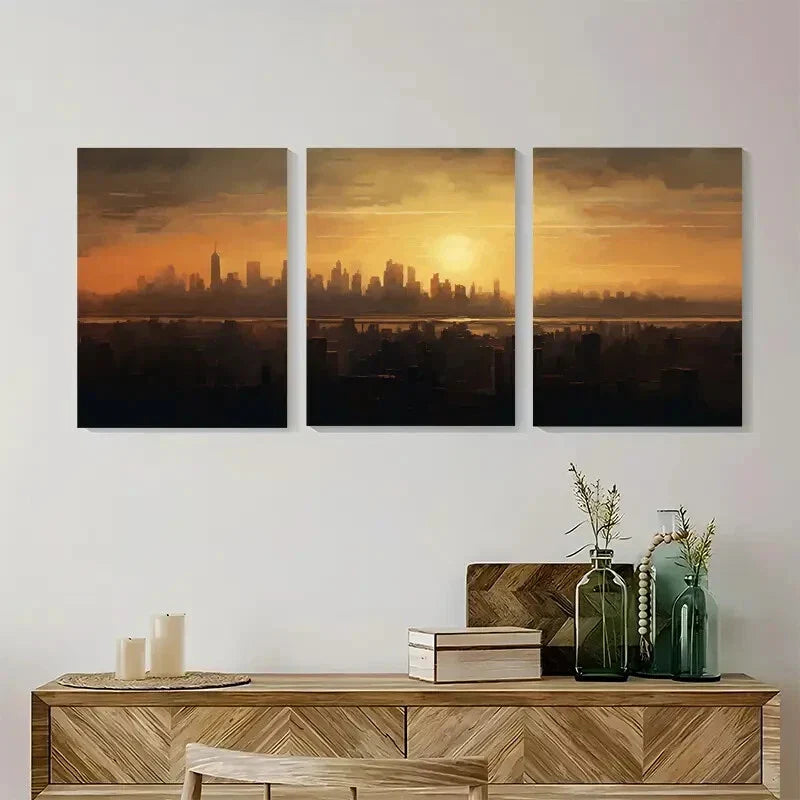 3pcs Urban Glow Sunset Cityscape Wall Art Set Canvas Framed 40x60cm - High Quality Print 100% Australian Made Wall Canvas Ready to Hang