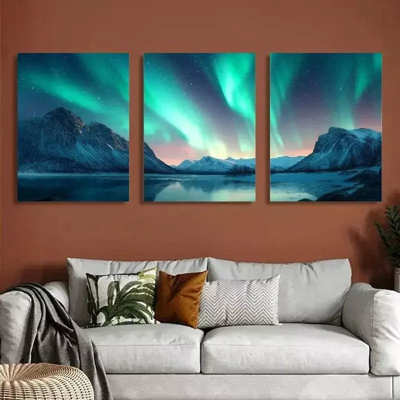 3pcs Decorative Northern Lights Above The Ocean Wall Art Set Canvas Framed 40x60cm - High Quality Print 100% Australian Made Wall Canvas Ready to Hang
