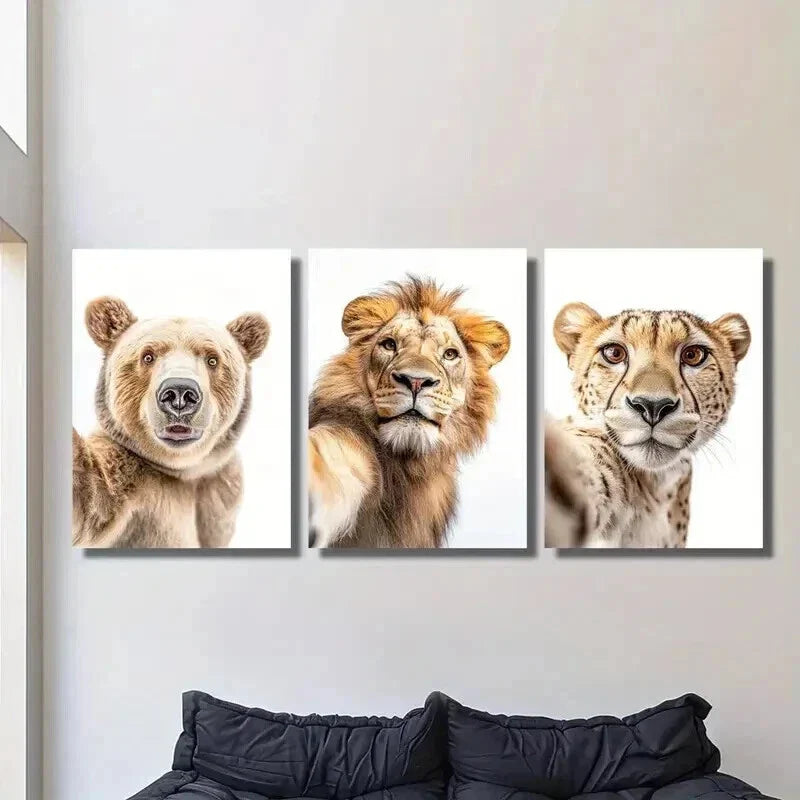 3pcs Bear Lion & Leopard Taking Selfie Wall Art Set Canvas Framed 40x60cm - High Quality Print 100% Australian Made Wall Canvas Ready to Hang