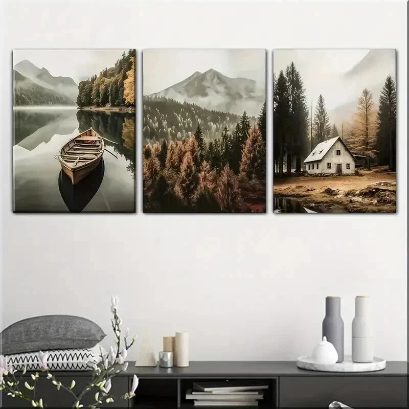 3pcs Rural Farmhouse and Lake View Wall Art Set Canvas Framed 40x60cm - High Quality Print 100% Australian Made Wall Canvas Ready to Hang