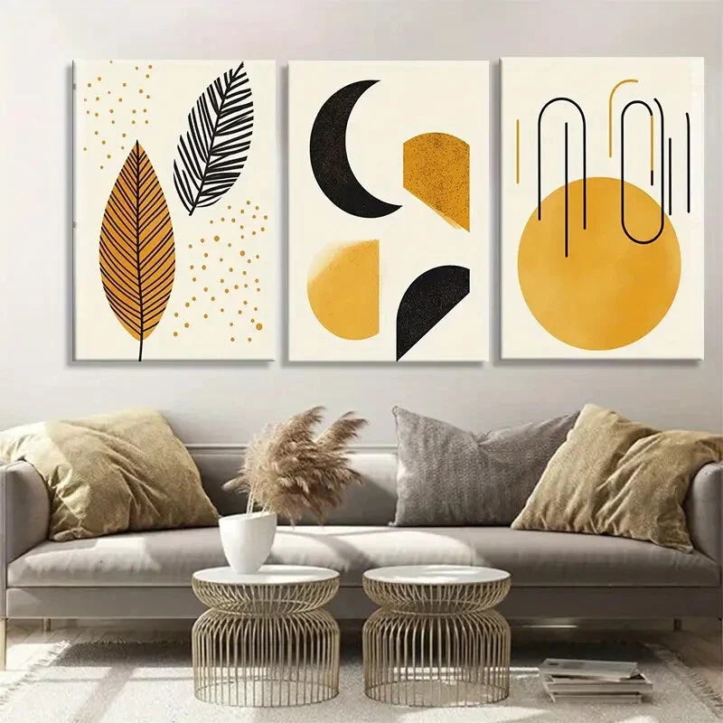 3pcs Geometric & Nature-Inspired Yellow Perfect Wall Art Set Canvas Framed 40x60cm - High Quality Print 100% Australian Made Wall Canvas Ready to Hang
