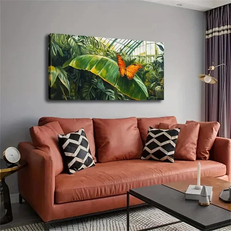 Orange Butterfly on Green Leaf Wall Art Canvas Office Home Room Framed 80x45cm