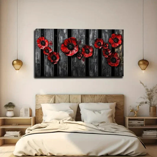 Vibrant Red Poppies on Black Wall Art canvas office home room framed 120x60cm