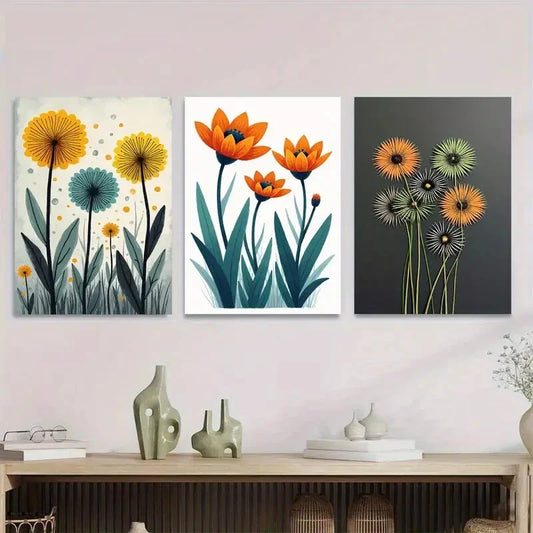 3pcs Modern Floral Vibrant Yellow, Orange & Teal Metal Print Ready to Hang Art