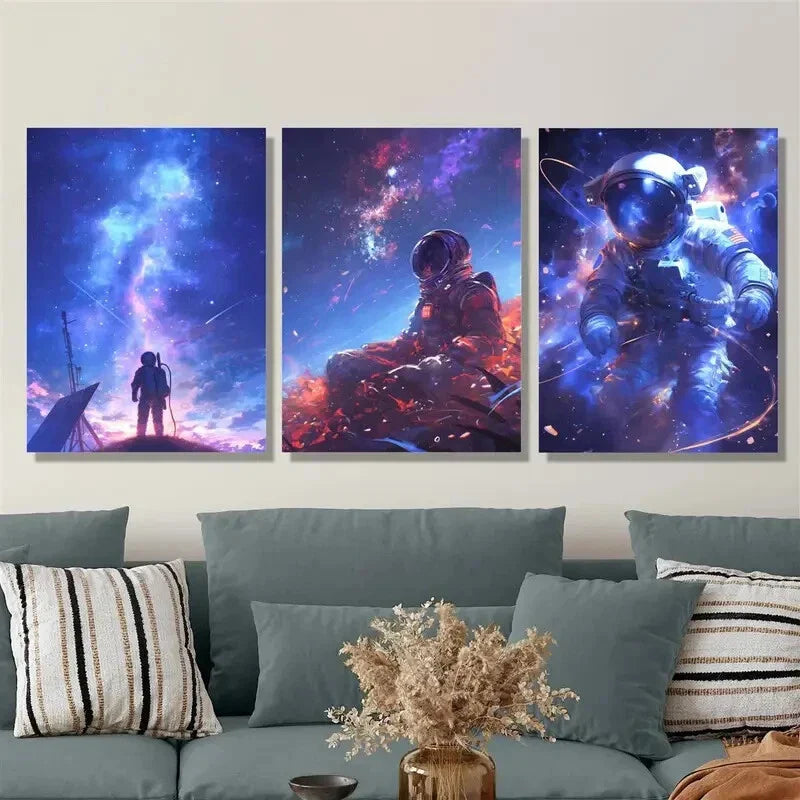 3pcs fantasy starry sky and astronauts, Metal Print Ready to Hang Art