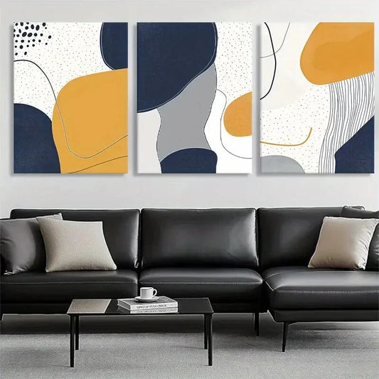 3pcs Geometric Shapes in Navy Mustard Perfect Wall Art Set Canvas Framed 40x60cm - High Quality Print 100% Australian Made Wall Canvas Ready to Hang