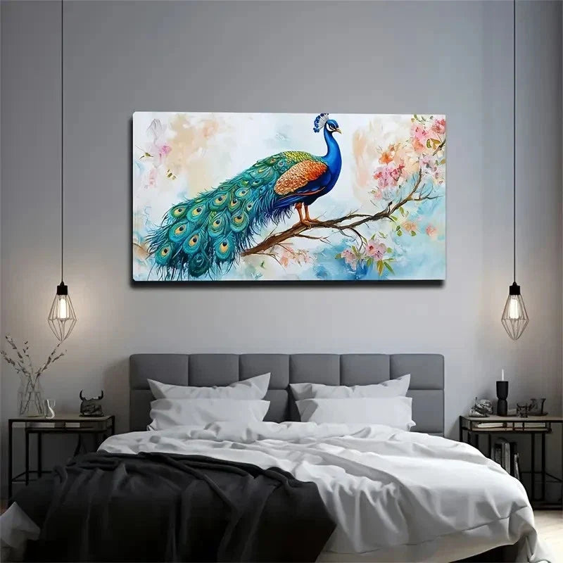 Large Peacock Suitable Wall Art Canvas Office Home Room Framed 120x60cm