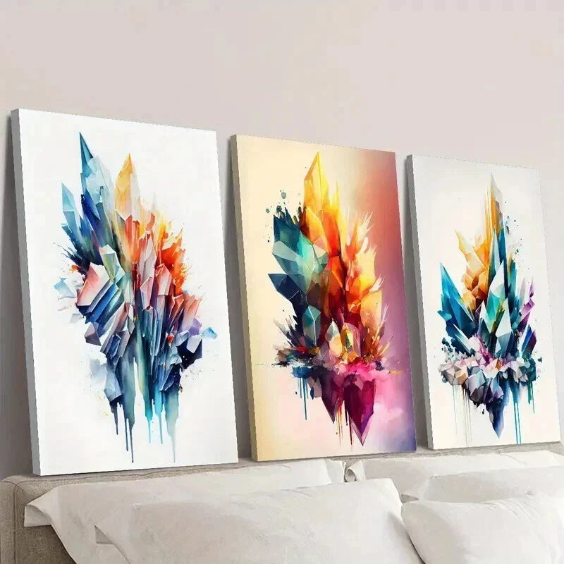 3pcs Geometric Crystal Stone Painting Wall Art Set Canvas Framed 40x60cm - High Quality Print 100% Australian Made Wall Canvas Ready to Hang