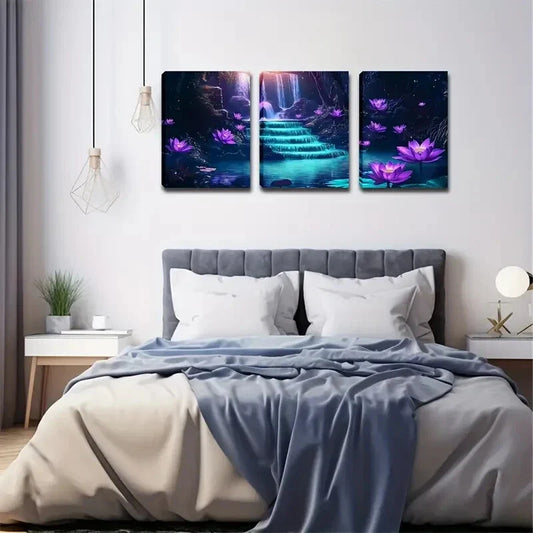 3pcs Lotus Flowers Landscape Wall Art Set Canvas Framed 40x60cm - High Quality Print 100% Australian Made Wall Canvas Ready to Hang