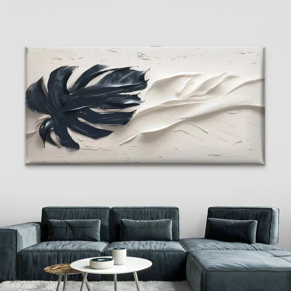 Black & White Tropical Leaf Wall Art Canvas Office Home Room Framed 80x45cm