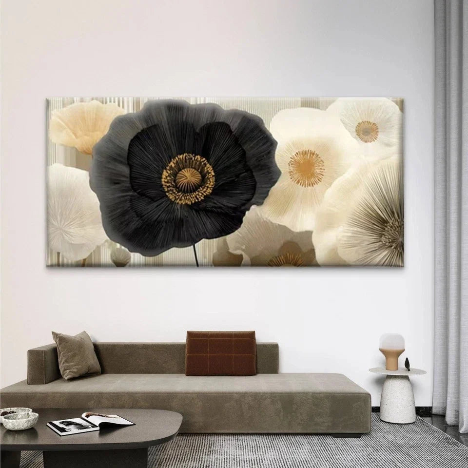 Black Ivory Flower Wall Art Canvas Office Home Room Framed 80x45cm