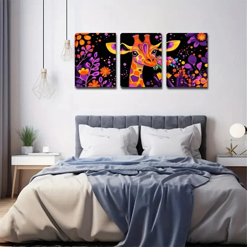 3pcs Flowers Giraffe Colorful Style Wall Art Set Canvas Framed 40x60cm - High Quality Print 100% Australian Made Wall Canvas Ready to Hang