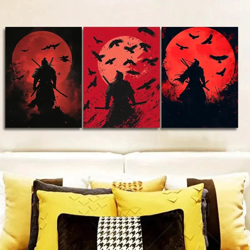 3pcs Japanese Samurai Silhouette Red Waterproof Wall Art Set Canvas Framed 40x60cm - High Quality Print 100% Australian Made Wall Canvas Ready to Hang