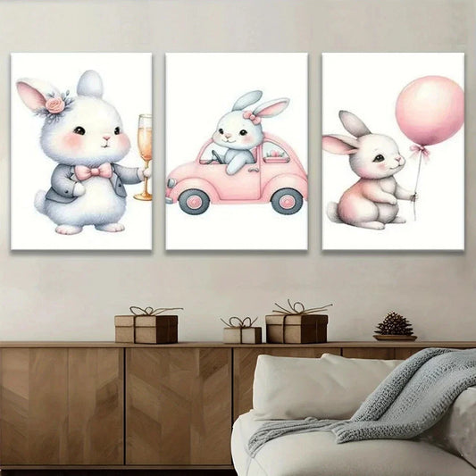3pcs Cutest Bunny Driving Car Pink Balloon Metal Print Ready to Hang Art