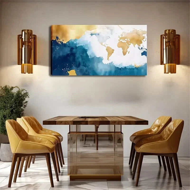 World Map Design Golden Accent Wall Art Canvas Office Home Room Framed 120x60cm