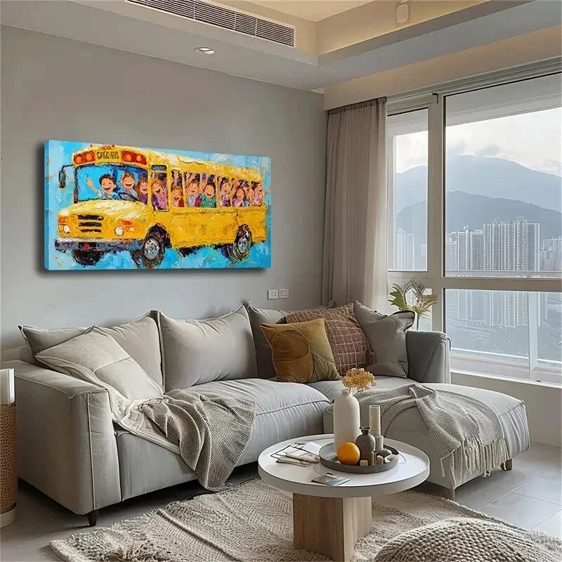 The School Bus Children Dance Wall Art Canvas Office Home Room Framed 120x60cm