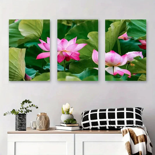 3pcs Vibrant Pink for Lotus Blossoms Surrounded Metal Print Ready to Hang Art