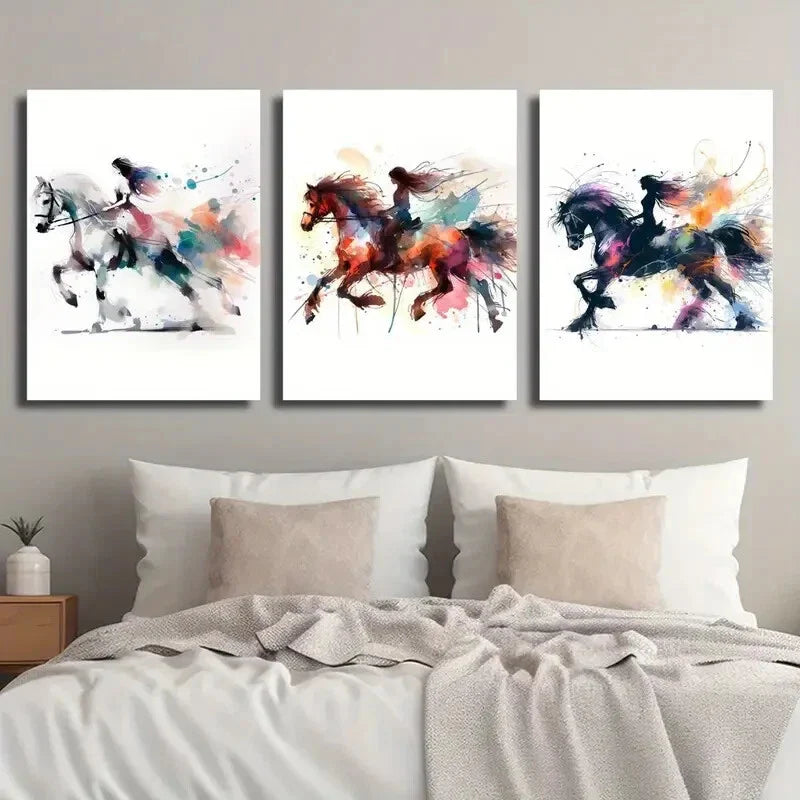 3pcs Girl Knights on Horseback Wall Art Set Canvas Framed 40x60cm - High Quality Print 100% Australian Made Wall Canvas Ready to Hang