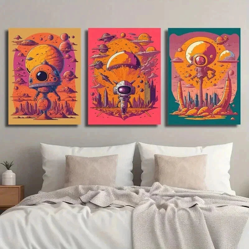 3pcs Vibrant Alien Spaceships & Space-Themed Wall Art Set Canvas Framed 40x60cm - High Quality Print 100% Australian Made Wall Canvas Ready to Hang