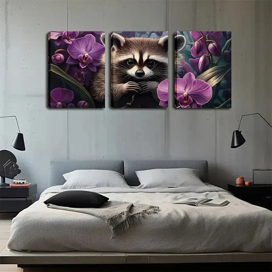 3pcs Raccoon & Orchid Dreamy Landscape Wall Art Set Canvas Framed 40x60cm - High Quality Print 100% Australian Made Wall Canvas Ready to Hang