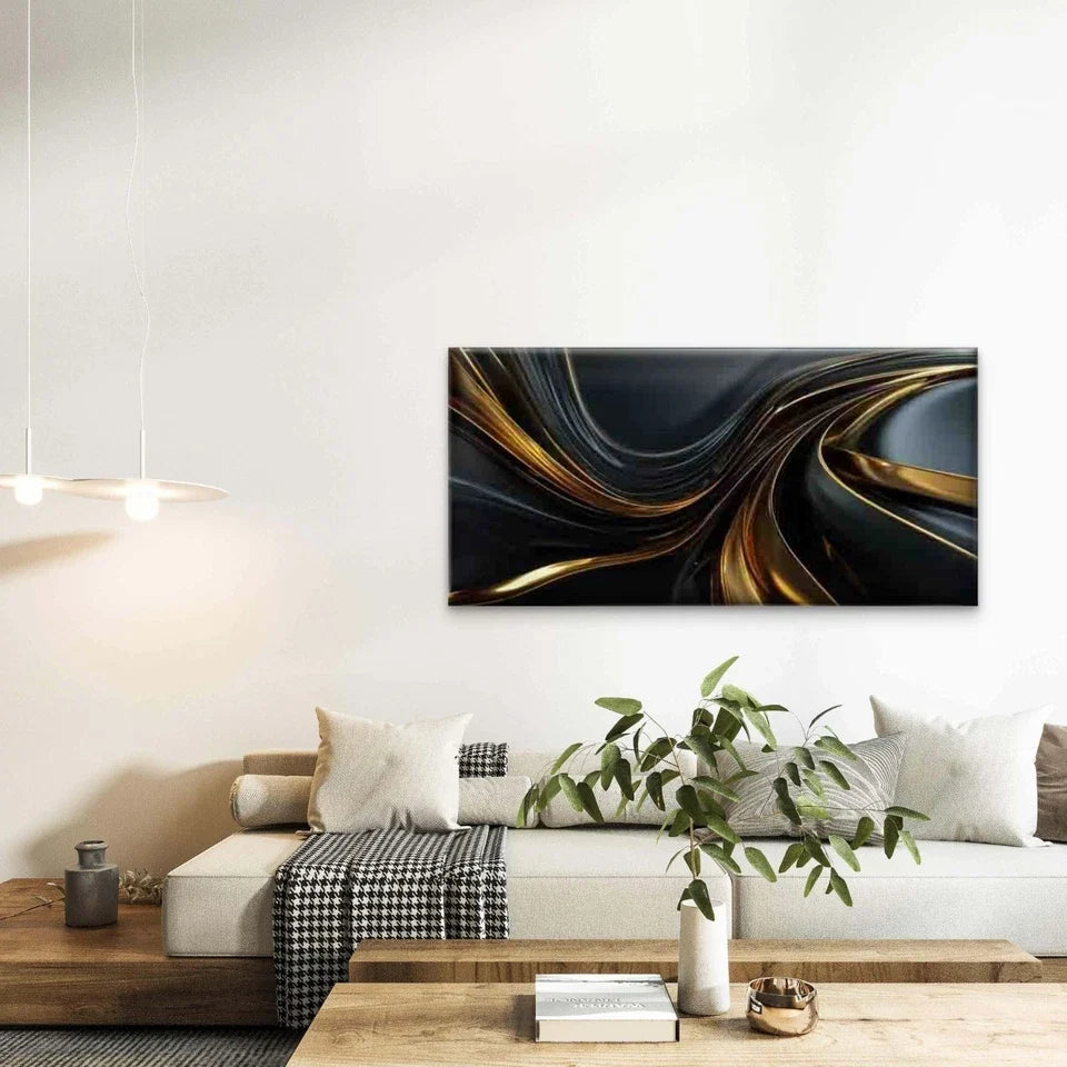 Elegant Golden Abstract Art Wall Art Canvas Office Home Room Framed 80x45cm