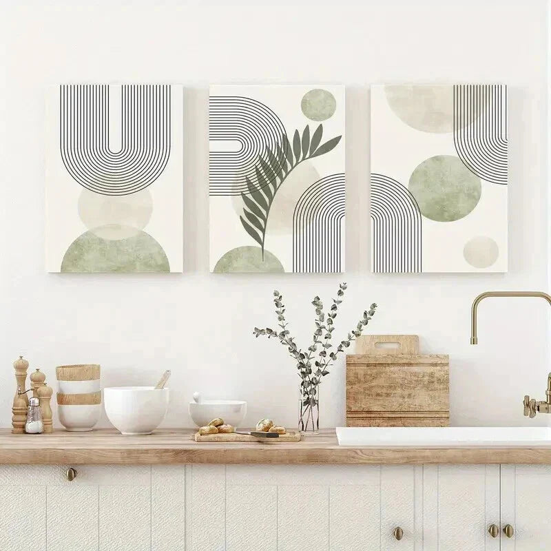 3pcs Abstract Sage Green Geometric Line Wall Art Set Canvas Framed 40x60cm - High Quality Print 100% Australian Made Wall Canvas Ready to Hang