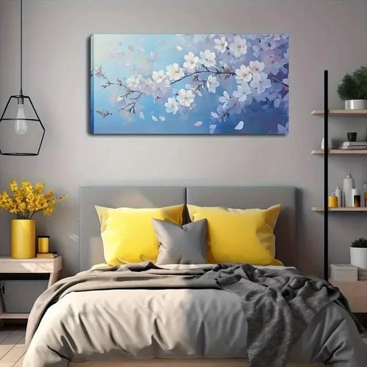 White Flowers Blooming On Blue Wall Art Canvas Office Home Room Framed 120x60cm