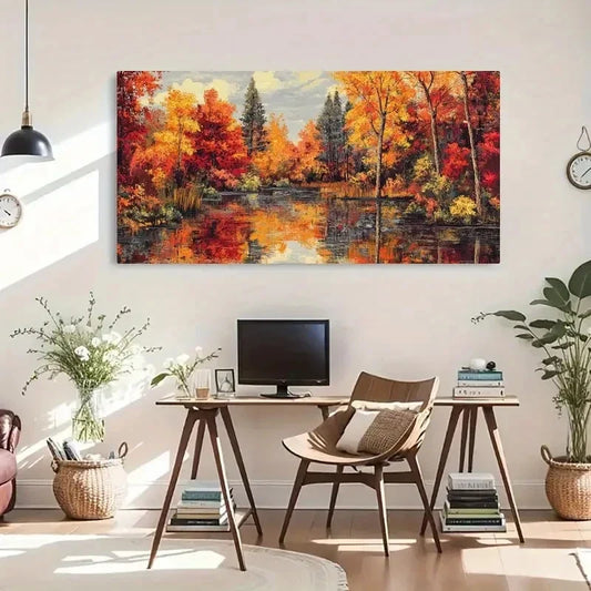 Water Reflection Autumn Foliage Wall Art Canvas Office Home Room Framed 120x60cm