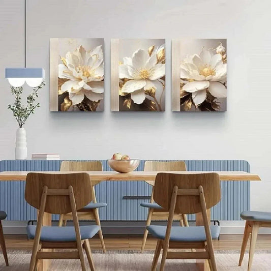 3pcs White Flower Abstract Golden Metal Print Ready to Hang Art
