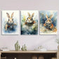 3pcs Blue Green Brown Bunny Wearing Dresses Metal Print Ready to Hang Art