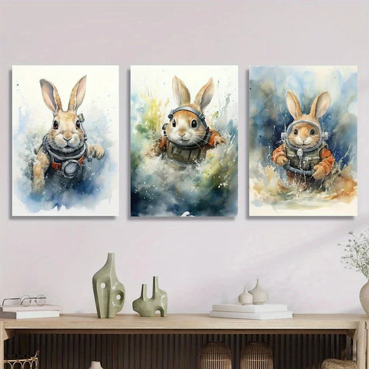 3pcs Blue Green Brown Bunny Wearing Dresses Metal Print Ready to Hang Art