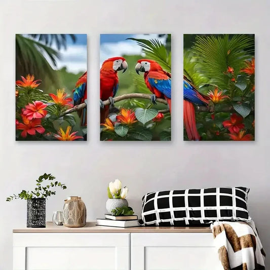 3pcs Colorful Parrot and Flower Nature Birds Metal Print Ready to Hang Art