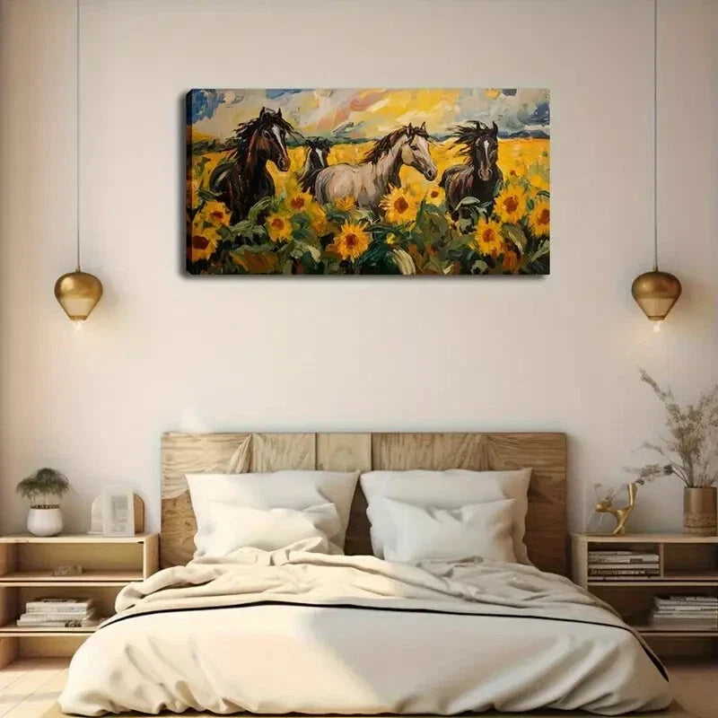 4 Horses in Sunflower Field Wall Art Canvas Office Home Room Framed 120x60cm