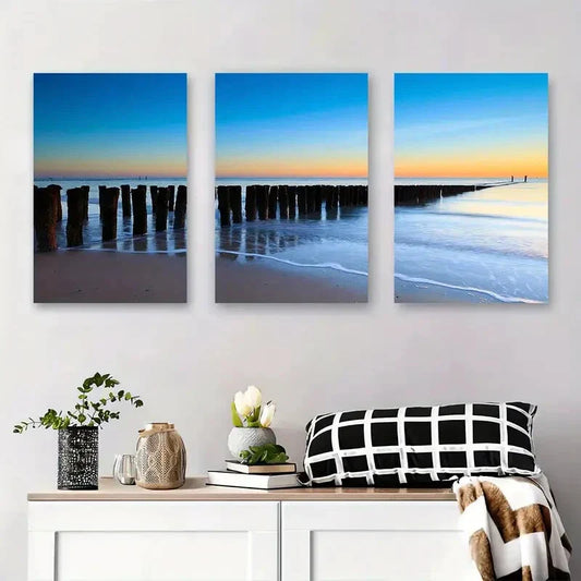 3pcs Serene Beach Sunset Tranquil Ocean Metal Print Ready to Hang Art