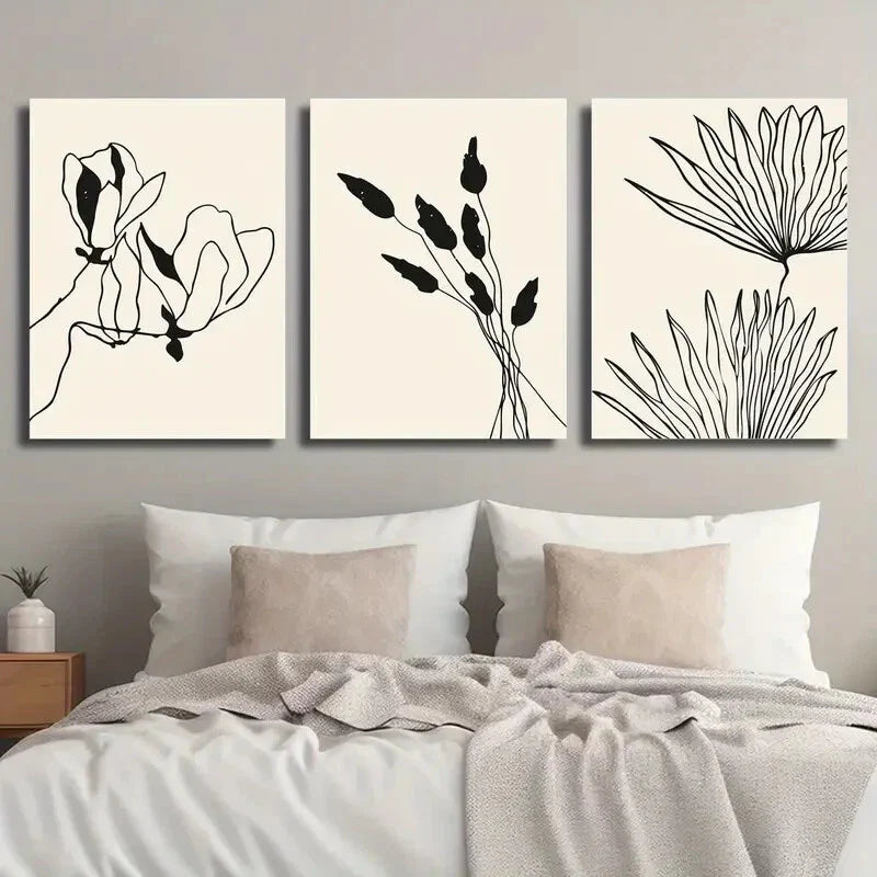 3pcs Abstract Beige and Black Botanical Floral Wall Art Set Canvas Framed 40x60cm - High Quality Print 100% Australian Made Wall Canvas Ready to Hang