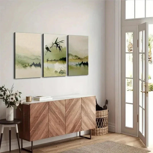 3pcs Green Mountain & Bamboo Forest Wall Art Set Canvas Framed 40x60cm - High Quality Print 100% Australian Made Wall Canvas Ready to Hang