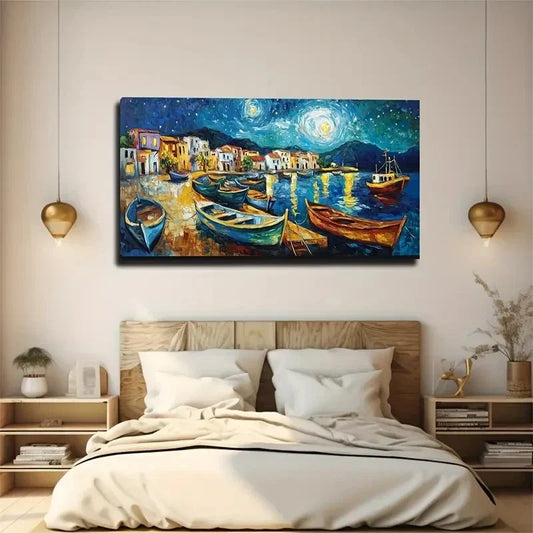 Starry Night Harbor Boats Wall Art Canvas Office Home Room Framed 120x60cm