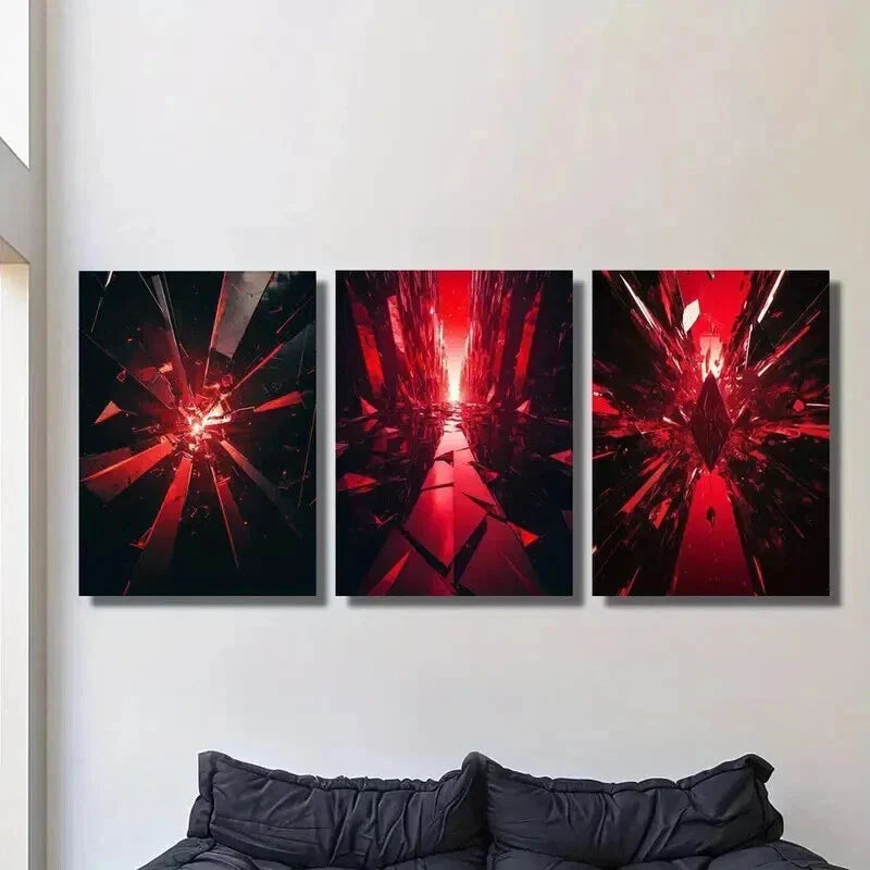 3pcs Broken Red Crystal Fragments Splash Wall Art Set Canvas Framed 40x60cm - High Quality Print 100% Australian Made Wall Canvas Ready to Hang