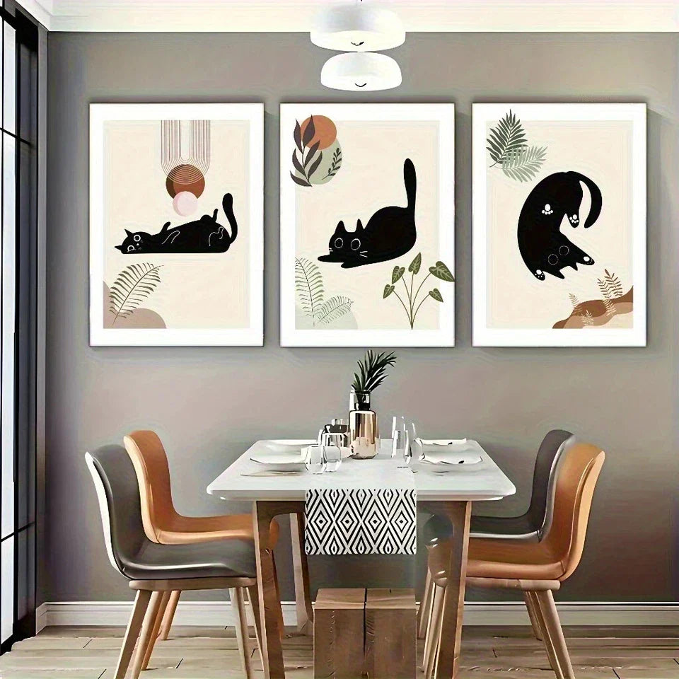 3pcs Leaves And Cute Cats Artwork Metal Print Ready to Hang Art